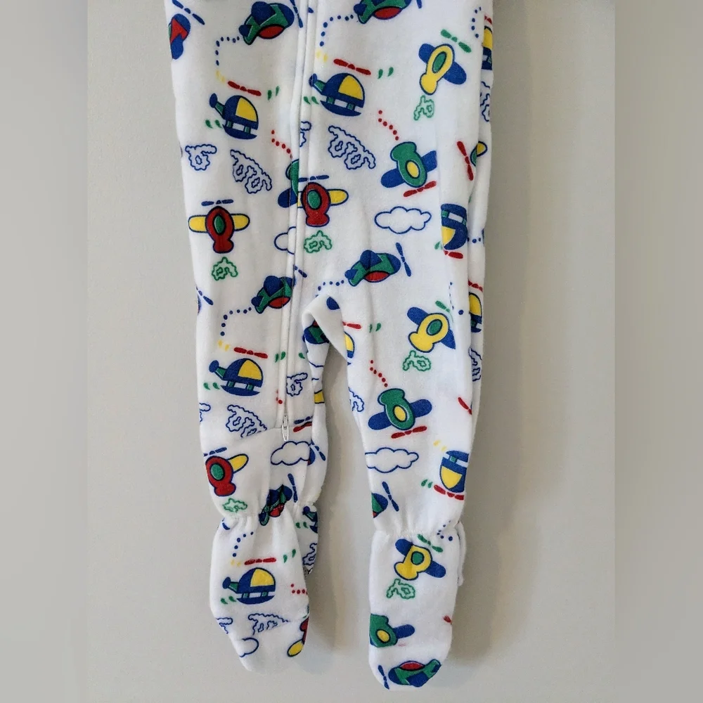 Vintage Carter's Airplane Cloud Helicopter Print 80s Fleece Pajamas Size 18M